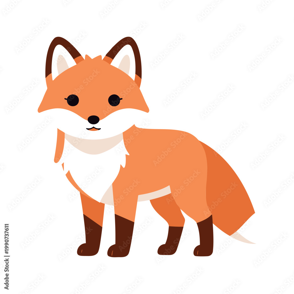 Fototapeta premium Cartoon fox stands alert with a fluffy tail and pointed ears, against a white background