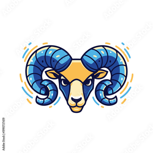 A striking modern illustration featuring the head of a powerful ram with majestic blue horns and a determined expression, perfect for a strong brand identity.