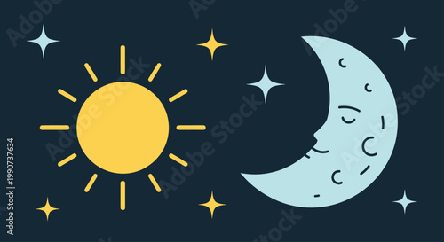A stylized sun and crescent moon with stars against a dark blue background