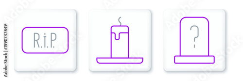 Set line Grave with tombstone, Speech bubble rip death and Burning candle icon. Vector