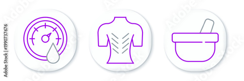 Set line Mortar and pestle, Sauna thermometer and Massage icon. Vector