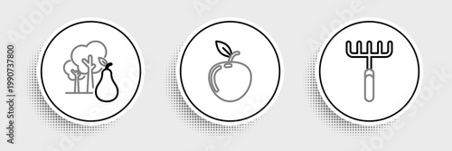 Set line Garden rake, Tree with pears and Apple icon. Vector