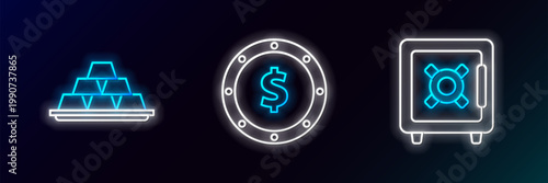 Set line Safe, Gold bars and Coin money with dollar symbol icon. Glowing neon. Vector