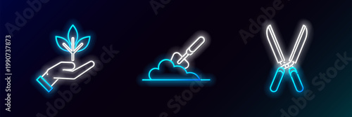 Set line Gardening handmade scissors for trimming, Plant of environmental protection and trowel spade shovel the ground icon. Glowing neon. Vector