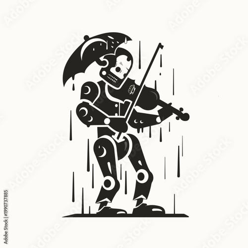 Robot musician playing violin under umbrella in the rain vector illustration