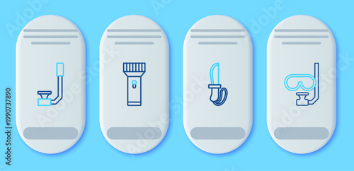 Set line Flashlight, Knife, Snorkel and Diving mask and snorkel icon. Vector