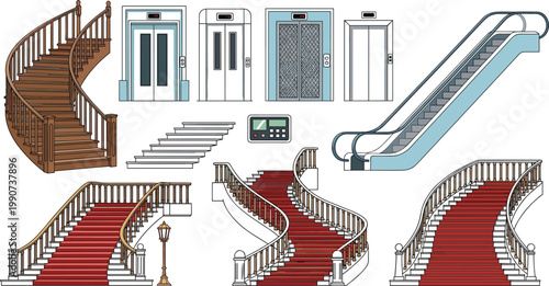 Collection of Various Staircase, Escalator, and Elevator Designs, Different Styles and Perspectives, Vector Illustration