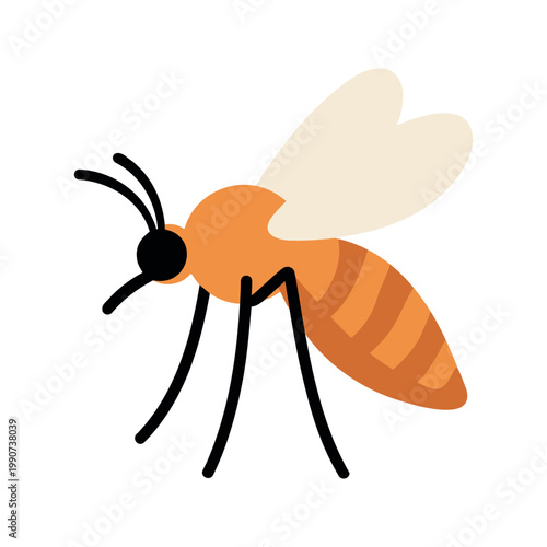 Stylized mosquito illustration with orange body and black legs on a white background