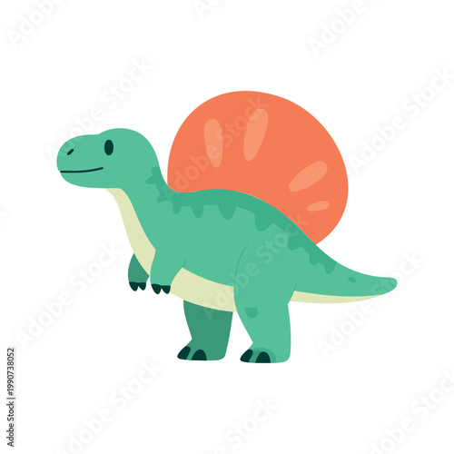 Illustration of a spinosaurus with a large sail on its back in mint, orange, and white