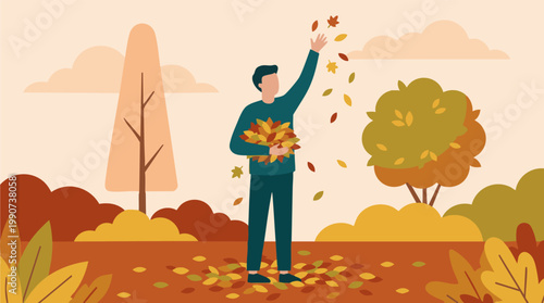 Happy man throwing colorful autumn leaves in a park, enjoying fall season