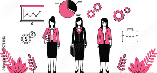 Business Women Illustration, Corporate Professionals with Data Analysis, Financial Graphs, and Gear Icons in a Modern Workspace, Vector Style