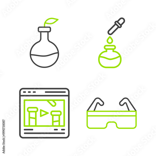 Set line Safety goggle glasses, Chemical online, Test tube and flask and Plant breeding icon. Vector