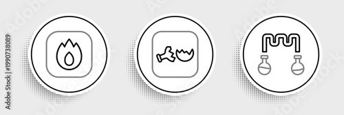 Set line Test tube and flask, Fire flame and Broken icon. Vector