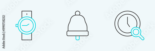 Set line Magnifying glass with clock, Wrist watch and Ringing bell icon. Vector