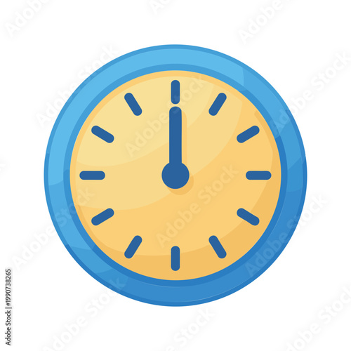 Cartoon clock with blue rim shows midday or midnight in a flat illustration