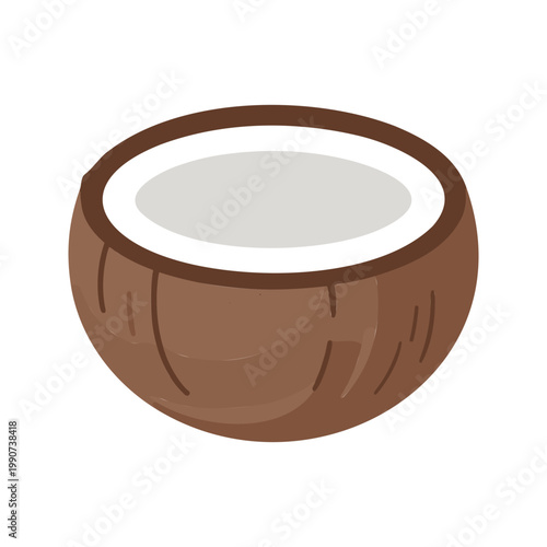 Cartoon style illustration of a halved coconut with white flesh on a white background