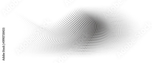 Flowing Wave Dot Halftone Pattern: Curve Gradient Shape on Transparent Background. Suitable for AI, Tech, Network, Digital, Science, and Technology Themes.