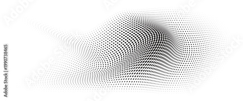 Flowing Wave Dot Halftone Pattern: Curve Gradient Shape on Transparent Background. Suitable for AI, Tech, Network, Digital, Science, and Technology Themes.