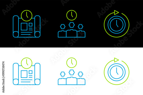 Set line Clock with arrow, Project time plan and Time Management icon. Vector