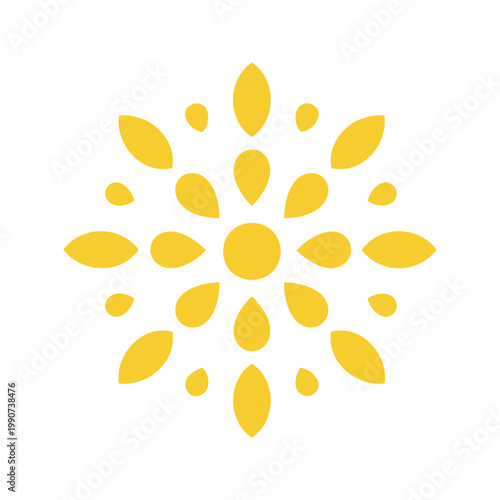 Abstract yellow flower with teardrop shaped petals radiates out from a central circle
