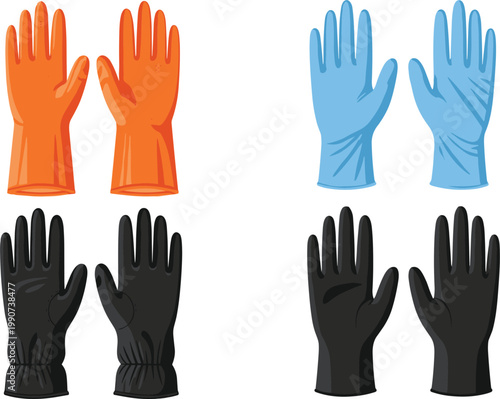 Collection of Various Gloves Designs, Rubber, Latex, and Protective Gloves in Different Colors and Styles, Vector Illustration
