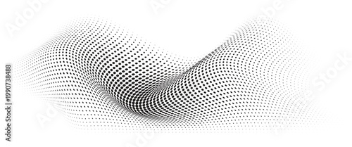 Flowing Wave Dot Halftone Pattern: Curve Gradient Shape on Transparent Background. Suitable for AI, Tech, Network, Digital, Science, and Technology Themes.