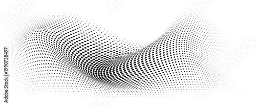 Flowing Wave Dot Halftone Pattern: Curve Gradient Shape on Transparent Background. Suitable for AI, Tech, Network, Digital, Science, and Technology Themes.