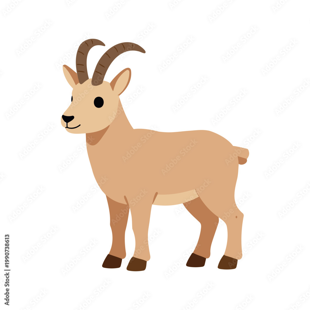 Fototapeta premium Illustration of a light brown ibex with curved horns standing on a white background