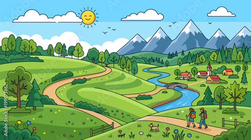 Couple hiking with a dog along a rural pathway near a river and a small village nestled in a vibrant mountain landscape.