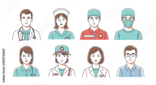 Flat illustration of eight diverse medical professionals in colorful, minimalist style against a clean white background.