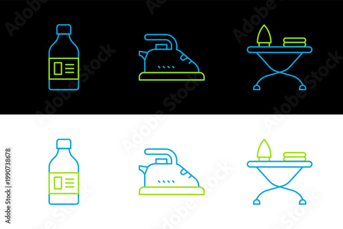 Set line Iron and ironing board, Bottle for cleaning agent and Electric icon. Vector