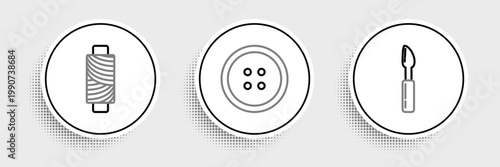 Set line Cutter tool, Sewing thread on spool and button for clothes icon. Vector