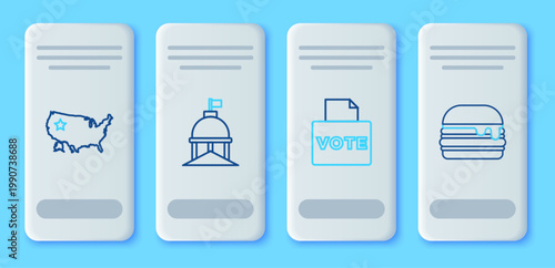Set line White House, Vote box, USA map and Burger icon. Vector