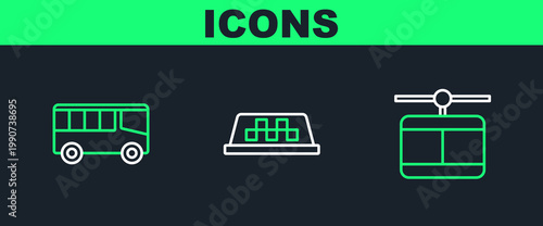 Set line Cable car, Bus and Taxi roof icon. Vector