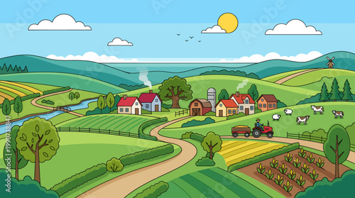 Farm features a vibrant rural landscape with rolling green hills, a tractor working the fields, grazing sheep, and a small village nestled among trees under a sunny sky.