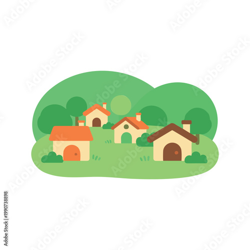 Cartoon houses nestle amongst rolling green hills in a peaceful, idyllic setting