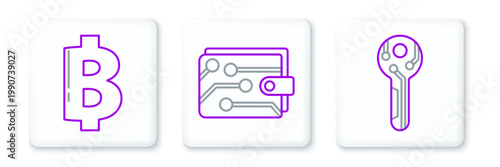 Set line Cryptocurrency key, coin Bitcoin and wallet icon. Vector