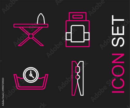 Set line Clothes pin, Time wash, Laundry detergent and Iron and ironing board icon. Vector
