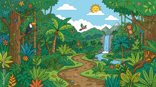 Tropical jungle scenery displaying a colorful parrot flying over a winding path and a waterfall cascading down rocky mountains into a river.
