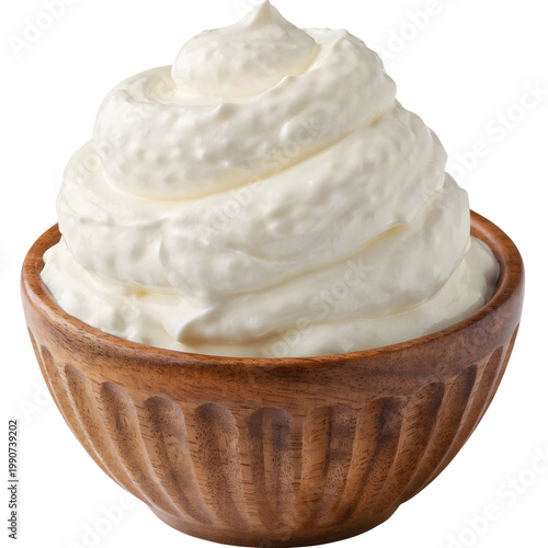 greek yogurt in wooden bowl isolated on white back