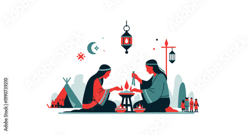 Arabic People Celebrating Around Fire with Lanterns and Moon in Desert Night Background Illustration