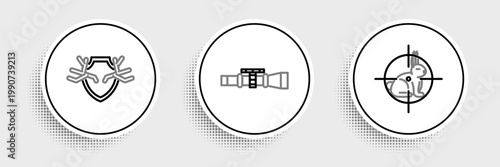 Set line Hunt on rabbit with crosshairs, Deer antlers shield and Sniper optical sight icon. Vector