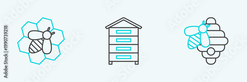Set line Hive for bees, Bee and honeycomb and icon. Vector