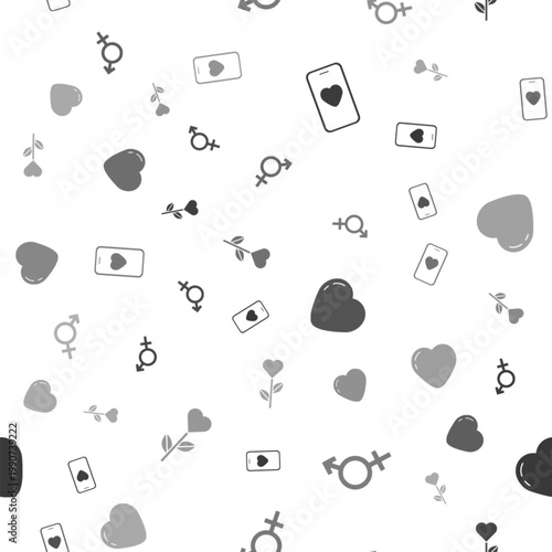 Set Online dating app and chat, Gender, Heart and shape flower on seamless pattern. Vector