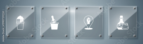 Set Whiskey bottle and glass, Alcohol or beer bar location, Champagne in ice bucket and Glass of. Square glass panels. Vector
