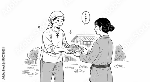 Manga Illustration of Friendly Farmer Giving Fresh Produce to a Woman in Rural Village Background