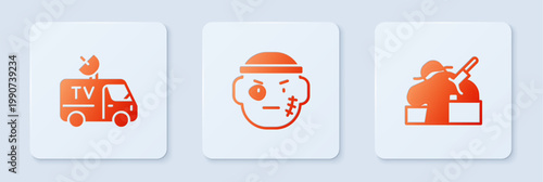 Set Bandit, TV News car and Murder. White square button. Vector