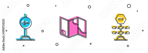 Set Traffic sign turn left, Folded map and Road barrier icon. Vector