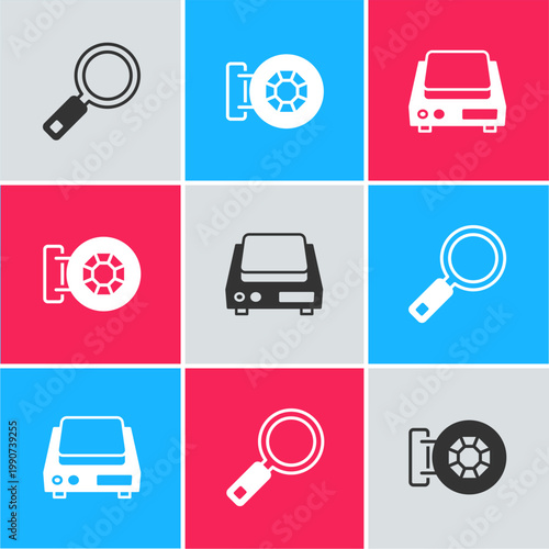 Set Magnifying glass, Jewelry store and Electronic jewelry scales icon. Vector