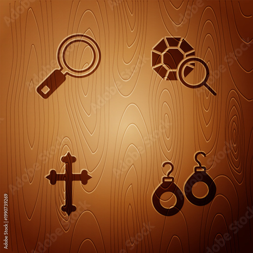 Set Earrings, Magnifying glass, Christian cross and Gem stone on wooden background. Vector